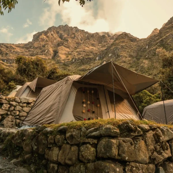 Luxury glamping tent with panoramic Andes view on Inca Trail