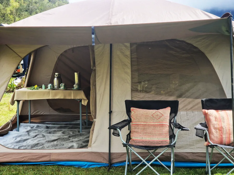 Interior of the dining tent showcasing the elegant meal setup on the Luxury eco-friendly Inca Trail.