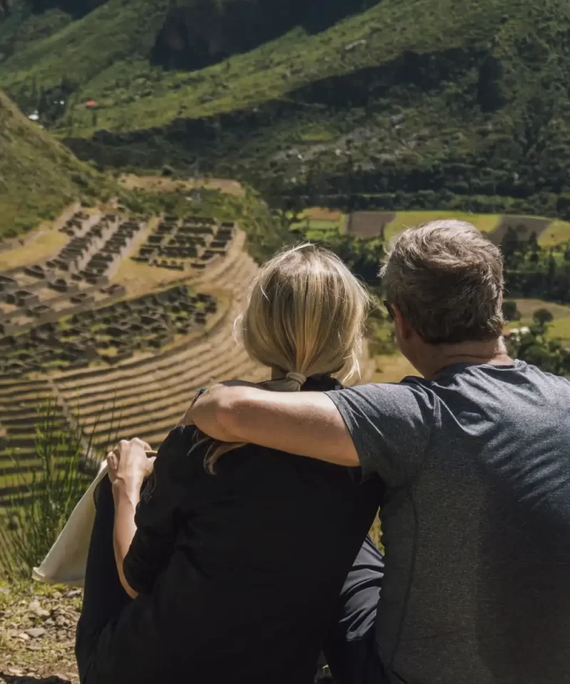 Luxury Inca Trail honeymoon and romantic journeys to Machu Picchu Couple enjoying romantic honeymoon journey on Luxury Inca Trail with Andes view